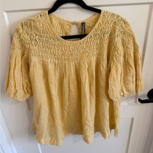 Anthropologie Yellow Striped Smocked Puff-Sleeve Blouse